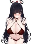  1girl absurdres amai-pai bikini black_choker black_hair blue_archive blush breasts brown_bikini choker cleavage closed_mouth halo highres large_breasts looking_at_viewer navel red_eyes red_halo rio_(blue_archive) simple_background solo swimsuit white_background 