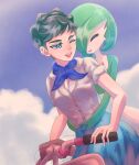  2girls absurdres aimizindesse bicycle blue_eyes blue_skirt blue_sky braid brown_hair closed_eyes cloud colored_skin diantha_(pokemon) gardevoir green_hair highres multicolored_skin multiple_girls one_eye_closed pokemon pokemon_xy riding riding_bicycle skirt sky smile two-tone_skin white_skin 