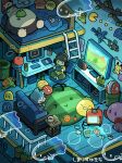  2boys absurdres artist_name bed carpet commentary couch game_boy game_console ghost gulpin handheld_game_console headphones highres holding holding_handheld_game_console indoors inkling isometric kirby ladder monitor multiple_boys nintendo_switch original pac-man pillow piranha_plant plant playing_games potted_plant shimarisu_yukichi sitting snorlax stuffed_toy suika_game super_nintendo swivel_chair table television water_gun wolf_boy 