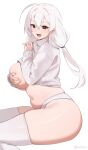  1girl :d breasts brown_eyes clothes_lift commentary english_commentary hair_between_eyes highres iwbitu large_breasts long_hair long_sleeves looking_at_viewer looking_to_the_side navel nyopu open_mouth original panties plump smile solo stomach sweater sweater_lift thick_thighs thighhighs thighs twitter_username underwear white_background white_hair white_panties white_sweater white_thighhighs 