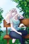  2017 4_toes 5_fingers anthro aoree aoree_(aoree) bench blonde_hair blue_clothing blue_eyes breasts clothed clothing detailed_background digital_media_(artwork) feline female fur hair hair_over_eye inner_ear_fluff lion long_hair mammal medium_breasts nature on_bench outside pants pink_nose shirt sitting smile solo straight_hair t-shirt tan_fur toes 