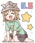  1girl :d ^_^ arm_support barefoot between_legs black_shorts blush_stickers brown_hair closed_eyes commentary_request dated facing_viewer fang full_body green_shirt hand_between_legs leaning_forward nekotoufu oka_asahi onii-chan_wa_oshimai! paper_hat paper_kabuto shirt short_sleeves shorts simple_background smile solo star_(symbol) white_background 