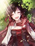  black_hair breasts cape cleavage closed_eyes corset day ecru from_above gradient_hair long_sleeves lying medium_breasts multicolored_hair on_back open_mouth outdoors red_cape red_hair ruby_rose rwby short_hair smile solo sunlight two-tone_hair upper_body white_sleeves 