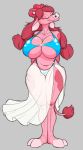  2018 anthro big_breasts bovine breasts brown_hair cattle cleavage clothed clothing crackiepipe eyes_closed female floppy_ears flower flower_in_hair grey_background hair hairband long_hair mammal navel nipple_bulge plant simple_background smile solo standing swimsuit translucent transparent_clothing 
