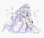  dress feathered_wings green_eyes hair_bun hair_ribbon halo head_wings highres honkai:_star_rail honkai_(series) hugging_own_legs knees_to_chest long_hair ribbon robin_(honkai:_star_rail) sad sitting socks star_(symbol) tears teayupi white_background white_dress white_hair white_socks wings 