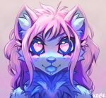  2024 anthro blep blue_body blue_eyes blue_fur blue_nose blue_tongue canid canine canis domestic_dog eyelashes female fluffy freckled_face freckles fur glistening glistening_eyes hair heart_eyes heart_symbol husky icon kolae kolae_(character) mammal neck_tuft nordic_sled_dog pink_hair purple_background shaded signature simple_background solo spitz tongue tongue_out tuft 