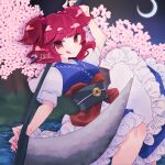  1girl cherry_blossoms crescent_moon licking_lips moon night obi obidome obijime onozuka_komachi petticoat red_eyes red_hair river sash short_twintails solo tongue tongue_out touhou tree twintails yoruuta 