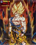  1boy abs aura commentary commission debris dougi dragon_ball dragon_ball_z english_commentary fellipart highres looking_at_viewer muscular muscular_male orange_pants pants pectorals solo son_goku spiked_hair super_saiyan super_saiyan_1 torn torn_clothes torn_pants tree watermark wristband yellow_aura 