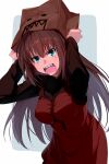  1girl aozaki_aoko black_sweater blue_eyes breasts brown_hair dress echo_(circa) hair_intakes large_breasts long_hair long_sleeves looking_at_viewer mahou_tsukai_no_yoru red_dress sidelocks solo sweater 