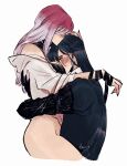  2girls bandaged_hand bandages between_breasts black_bandages black_bra black_gloves black_hair black_jacket blush bottomless bra breasts commentary earrings elbow_gloves english_commentary gloves gradient_hair grey_hair hand_on_another&#039;s_head head_between_breasts highres hug jacket jewelry lemons_on_sticks long_hair multicolored_hair multiple_girls path_to_nowhere pink_hair rahu_(path_to_nowhere) shalom_(path_to_nowhere) simple_background sitting sitting_on_lap sitting_on_person underwear white_background yuri 
