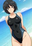  1girl amagami arms_behind_back beach black_eyes black_hair black_one-piece_swimsuit blue_sky breasts cloud competition_swimsuit covered_navel day highres horizon medium_breasts nanasaki_ai ocean one-piece_swimsuit outdoors sky solo swimsuit two-tone_swimsuit yuuyuu_(3jjbn) 