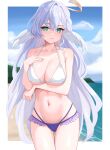  1girl absurdres bare_arms bare_shoulders bikini blue_sky breasts cleavage cloud collarbone commentary cowboy_shot day green_eyes grey_hair hand_on_own_chest highres honkai:_star_rail honkai_(series) k4zex large_breasts long_hair looking_at_viewer mismatched_bikini nail_polish navel pink_nails robin_(honkai:_star_rail) sky smile solo standing stomach swimsuit thighs very_long_hair 