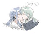  2girls bang_dream! bang_dream!_it&#039;s_mygo!!!!! black_ribbon blue_shirt braid commentary cropped_torso crying crying_with_eyes_open french_braid green_hair hair_ornament hair_ribbon hairclip hashtag-only_commentary highres kiss long_hair multiple_girls ribbon shengxiu760722 shirt sidelocks simple_background speech_bubble tears togawa_sakiko upper_body wakaba_mutsumi white_background yellow_eyes yuri 