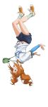  blue_shorts blue_sleeves brown_hair floating_hair full_body green_legwear hair_ornament highres idolmaster idolmaster_(classic) long_hair long_sleeves midriff navel nigou nippon_professional_baseball open_mouth saitama_seibu_lions shirt shoes short_over_long_sleeves short_shorts short_sleeves shorts simple_background sneakers socks solo stomach takatsuki_yayoi twintails upside-down white_background white_shirt 