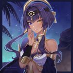  1girl ankh ankh_necklace artist_name bare_shoulders blue_eyes blue_hair border breasts candace_(genshin_impact) dark-skinned_female dark_skin egyptian_clothes eye_of_horus genshin_impact hair_ornament hand_up heterochromia jewelry karanashi_mari looking_at_viewer midriff night night_sky palm_leaf short_hair_with_long_locks sidelocks sky smile solo upper_body yellow_eyes 