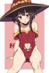  1girl adapted_costume artist_logo black_choker black_hair black_hat choker clothing_cutout feet_out_of_frame hat heart_cutout kono_subarashii_sekai_ni_shukufuku_wo! leotard m-eiji megumin navel_cutout off-shoulder_leotard pink_background red_eyes red_leotard short_hair solo two-tone_background witch_hat 