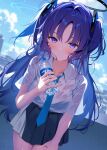  1girl black_skirt blue_archive blue_eyes blue_hair blurry blurry_background blush bottle breasts closed_mouth collared_shirt day halo highres holding holding_bottle large_breasts long_hair mintoaisu outdoors parted_bangs pleated_skirt shirt shirt_tucked_in short_sleeves skirt solo two_side_up water_bottle wet wet_clothes white_shirt yuuka_(blue_archive) 