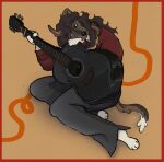  2023 4_fingers 4_toes acoustic_guitar airedale_terrier anthro bangs bent_arm bent_legs bill_(flockdog) black_guitar black_nose border bottomwear brown_body brown_claws brown_fur brown_hair brown_tail canid canine canis claws clothed clothing colored digital_drawing_(artwork) digital_media_(artwork) domestic_dog ear_piercing ear_ring feet finger_claws fingers flockdog floppy_ears fluffy fluffy_tail fur grey_bottomwear grey_clothing grey_pants guitar hair half-closed_eyes handpaw hi_res hunting_dog leaning_on_object long_hair long_tail male mammal multicolored_tail musical_instrument narrowed_eyes pants paws piercing pink_inner_ear plucked_string_instrument red_border red_clothing red_sweater red_topwear ring_piercing simple_background sitting solo string_instrument sweater tail terrier toes topwear trans_(lore) trans_man_(lore) white_body white_fur white_tail 