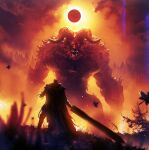  1boy berserk blurry blurry_foreground cape cloud demon dragonslayer_(sword) eclipse english_commentary falling_leaves fang from_behind greatsword guts_(berserk) highres horns huge_weapon kalmahul leaf maple_leaf monster open_mouth outdoors prosthesis prosthetic_arm red_eyes sky solar_eclipse standing sword tree weapon zodd_(berserk) 