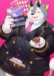 absurd_res anthro belly belphegor_(tas) belt book bottomwear claws clothing demon finger_claws fur grey_body grey_fur hi_res horn lifewonders looking_at_viewer male necktie one_eye_closed overweight pawpads pink_background ring shorts simple_background smile solo spellbook suit tokyo_afterschool_summoners topwear vest who_corals wink yellow_eyes