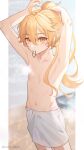  1boy aether_(genshin_impact) blonde_hair censored censored_nipples closed_mouth genshin_impact hair_between_eyes highres long_hair male_focus navel ponytail sg_(under_siiiiii) solo stomach topless_male towel_around_waist yellow_eyes 