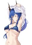  1girl arknights armpits arms_up bare_shoulders bikini blue_bikini blue_hair breasts ch&#039;en_(arknights) dragon_horns highres horns large_breasts lily0428 long_hair looking_at_viewer navel orange_eyes sidelocks simple_background solo stomach swimsuit upper_body very_long_hair white_background 