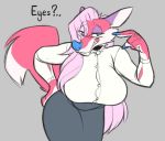  2018 anthro big_breasts blue_eyes blue_nose breasts canine clothing collar collar_tag colored_nails crackiepipe denisse english_text female fox grey_background guide_lines hair half-closed_eyes hand_on_hip long_hair mammal pink_hair shirt simple_background skirt solo standing text 