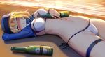  ahoge alcohol arm_behind_head artoria_pendragon_(all) baseball_cap beach bikini blonde_hair blue_eyes blue_hat blush bottle breasts cameltoe commentary_request drunk evening fate/grand_order fate_(series) hair_through_headwear half-closed_eyes hat heineken long_hair looking_at_viewer lying medium_breasts mysterious_heroine_xx_(foreigner) navel nose_blush on_back ponytail ryu_jiao shrug_(clothing) side-tie_bikini solo stomach swimsuit thigh_strap white_bikini 