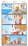  2girls 4koma :d ? animal aquila_(kantai_collection) bare_shoulders bird blush brown_hair comic commentary day detached_sleeves eating enemy_lifebuoy_(kantai_collection) food high_ponytail highres holding holding_food jacket kantai_collection littorio_(kantai_collection) long_hair long_sleeves megahiyo multiple_girls ocean open_mouth red_jacket red_skirt shinkaisei-kan short_hair sitting skirt smile translated twitter_username 