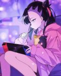  1girl asymmetrical_bangs asymmetrical_hair eating highres hood hoodie indoors joy-con marie_(pixiv59672544) marnie_(pokemon) morpeko morpeko_(full) nintendo_switch pink_hoodie pokemon pokemon_(creature) pokemon_swsh red_ribbon ribbon sitting solo_focus undercut 