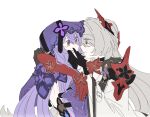  2girls acheron_(honkai:_star_rail) back black_choker black_gloves black_swan_(honkai:_star_rail) choker coat coattails detached_sleeves dress elbow_gloves flower gloves glzzz hair_over_one_eye hand_on_another&#039;s_face highres honkai:_star_rail honkai_(series) long_hair looking_at_another multiple_girls official_alternate_hair_color purple_dress purple_eyes purple_hair purple_veil red_eyes red_flower single_bare_shoulder tears white_background white_coat white_hair 