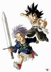  2boys black_footwear black_hair black_pants blue_shirt clenched_hands dragon_ball greyscale highres holding holding_sword holding_weapon kakeru_(dbskakeru) looking_at_another monochrome multiple_boys open_mouth pants purple_eyes red_footwear sash shirt shoes shorts simple_background son_goten spiked_hair sword tank_top teeth toriyama_akira_(style) trunks_(dragon_ball) waist_sash weapon white_background white_sash white_shorts white_tank_top 