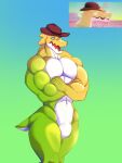  anthro bottomless bulge candy clothed clothing cr4zydonuts1 crocodilian crossed_arms dessert featureless_crotch food food_creature glitch_productions gummigoo_(tadc) gummy_(food) gummy_creature hat headgear headwear living_candy male muscular muscular_anthro muscular_male nude open_mouth pecs reptile scalie solo the_amazing_digital_circus topwear topwear_only 