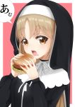  absurdres brown_eyes brown_hair capelet eating eyebrows_visible_through_hair food food_on_face habit hamburger highres holding holding_food long_hair neck_ribbon nijisanji nun ribbon sister_cleaire solo speech_bubble subaru_(subaru_9781) upper_body veil virtual_youtuber white_capelet white_ribbon 