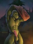  absurd_res anthro balls bodily_fluids clothing erection genital_fluids genitals green_body hi_res komodo_dragon lizard mack_reinhardt male monitor_lizard muscular muscular_male night nude outside penis precum ratcatcher reptile scalie scar solo undressing 