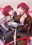 2girls :d ascot asymmetrical_docking black_gloves black_skirt blurry breast_press breasts depth_of_field elbow_gloves fang fingerless_gloves from_side fur-trimmed_jacket fur_trim gloves hair_bun hand_on_own_hip heterochromia highres holding_hands hololive houshou_marine houshou_marine_(businesswoman) houshou_marine_(marching_band) interlocked_fingers jacket jacket_on_shoulders large_breasts licking_lips long_hair miniskirt multicolored_hair multiple_girls multiple_persona nazo_kitsune open_mouth pantyhose pencil_skirt pleated_skirt red_ascot red_eyes red_hair red_ribbon ribbon short_hair skirt smile streaked_hair tongue tongue_out very_long_hair yellow_eyes 