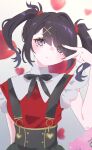  1girl ame-chan_(needy_girl_overdose) black_hair black_ribbon blurry blurry_background closed_mouth commentary_request eyes_visible_through_hair hair_ornament hair_over_one_eye hand_up highres kousaki_(yeuk7427) long_hair looking_at_viewer neck_ribbon needy_girl_overdose pien_cat_(needy_girl_overdose) purple_eyes red_shirt ribbon shirt skirt solo suspender_skirt suspenders twintails v_over_eye x_hair_ornament 