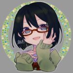  1girl black_hair blue_eyes collar glasses green_sweater long_sleeves medium_hair open_mouth original red-framed_eyewear solo sweater yoruuta 