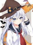  anchor_symbol arm_up bangs belt black_belt black_sailor_collar blush brown_hat buckle cape collarbone gradient gradient_background hair_between_eyes hair_ornament hairclip halloween hand_behind_head hat hat_belt hibiki_(kantai_collection) hikobae kantai_collection long_hair long_sleeves looking_at_viewer neckerchief red_neckwear sailor_collar school_uniform serafuku silhouette silver_eyes silver_hair smile solo string_of_flags torn_cape torn_clothes torn_hat upper_body witch_hat 