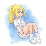  blonde_hair commentary_request green_eyes highres lillie_(pokemon) long_hair looking_to_the_side moegi_itsukashi parted_lips pokemon pokemon_(game) pokemon_sm ponytail shirt short_sleeves signature sitting skirt socks solo white_footwear white_legwear white_shirt white_skirt 