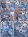 6_panel_comic ?! ambiguous_gender american_opossum animate_inanimate annoyed anthro bazz_(spicykiwi) big_ears black_bottomwear black_clothing black_nose black_shorts blue_body blue_clothing blue_pawpads blue_tail blue_topwear bottomwear clothing comic curled_tail curled_up dialogue door doorknob duo edgar_(spicykiwi) eye_contact eyewear fangs fetal_pose fur glasses grey_body grey_fur grey_hair hair hi_res holding_object holding_plushie hoodie living_plushie looking_at_another male mammal marsupial neck_tuft nervous open_mouth pawpads pink_tail plushie rat_tail shorts sitting sitting_on_ground size_difference smug speech_bubble spicykiwi standing surprise tail tail_motion tailwag teeth topwear tuft virginia_opossum