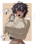  1girl alcohol beer beer_can beer_mug black_necktie blando bon_(vtuber) border breast_lift brown_hair can chibi clothes_lift cup dark-skinned_female dark_skin drink_can drooling ear_piercing fang foam grey_eyes highres indie_virtual_youtuber messy_hair midriff mug multicolored_hair naughty_face necktie piercing ribbed_sweater short_hair streaked_hair sweatdrop sweater turtleneck turtleneck_sweater virtual_youtuber wet wet_clothes white_border 