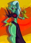 2021 5_fingers alien alien_humanoid alternate_version_at_source bottomwear breasts clothed clothing disney eyebrows female fingers freckles gloves green_body green_skin hair hand_on_hip hand_on_own_hip handwear hi_res humanoid humanoid_pointy_ears long_hair lord_dominator midriff narrowed_eyes navel noseless not_furry pink_sclera portrait rejectdoodles small_waist smile solo standing thick_thighs three-quarter_portrait topwear wander_over_yonder wide_hips