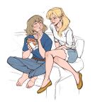  2girls :t blonde_hair blue_pants blue_shirt brown_hair closed_eyes commentary couch crossed_legs denim dungeon_meshi eating elf facing_another falin_touden falin_touden_(tallman) food food_on_face full_body green_eyes hair_over_shoulder hands_up highres holding holding_food indian_style jeans light_brown_hair lindriart long_hair looking_at_another marcille_donato multiple_girls open_mouth pants partially_colored pointy_ears ponytail sandwich shirt short_hair short_sleeves shorts simple_background sitting smile striped_clothes striped_shirt symbol-only_commentary t-shirt white_background yellow_footwear 