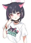  1girl absurdres animal_ears black_collar black_hair blue_archive blush cat_ears clothes_writing collar cropped_torso earclip extra_ears hair_ornament hairclip halo hand_up highres kaito_(kaito921125) kazusa_(band)_(blue_archive) kazusa_(blue_archive) looking_at_viewer mask mask_pull mouth_mask multicolored_hair official_alternate_costume open_mouth pink_eyes pink_hair pink_halo shirt short_hair short_sleeves simple_background solo surgical_mask white_background white_shirt wristband 