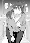  1girl absurdres breasts cleavage greyscale hadashi_no_kenji hand_on_own_leg highres jacket large_breasts leaning_forward long_hair looking_at_viewer monochrome original outdoors railing solo speech_bubble standing sweat 