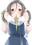  1girl adjusting_hair brown_eyes dress green_ribbon grey_hair hair_between_eyes hair_ornament hair_ribbon hairclip inagi_(kancolle) kantai_collection kimura_shiki long_hair looking_at_viewer mouth_hold ribbon ribbon_in_mouth shirt short_sleeves solo standing twintails 