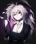  1girl :3 androgynous black_hair chain choker dress_shirt fingerless_gloves flower_(vocaloid) flower_(vocaloid3) gloves high_ponytail highres jacket looking_at_viewer multicolored_hair purple_eyes sample_watermark shirt simple_background two-tone_hair vocaloid watermark white_hair zrry331386 