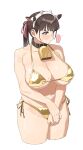  1girl animal_ears bell bikini breasts brown_hair collar cow_ears cow_horns cowbell fake_animal_ears gold_bikini highres horns huge_breasts long_hair micro_bikini mole mole_on_breast navel neck_bell original pink_eyes plump riki_(riki_unc) simple_background swimsuit twintails white_background 