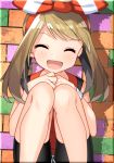  bike_shorts bike_shorts_under_shorts black_shorts blush brick_wall brown_hair closed_eyes hair_ribbon happy haruka_(pokemon) highres knees_together_feet_apart open_mouth pokemon pokemon_(game) pokemon_oras ribbon shorts sitting smile solo tank_top white_shorts yuihiko 